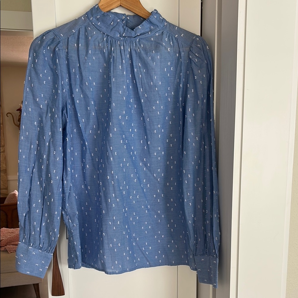 Loft Blue Long-Sleeve Blouse with White Dots